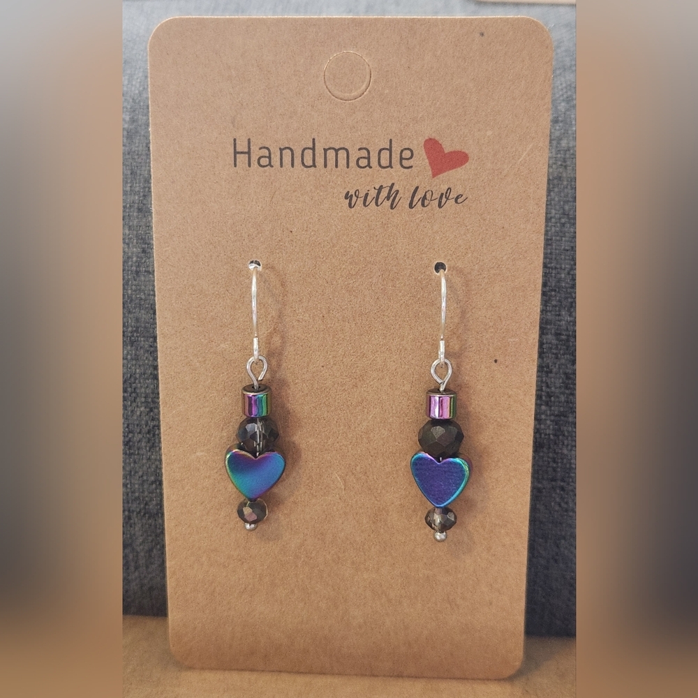 Handmade Heart Earrings with Black and Blue Accents